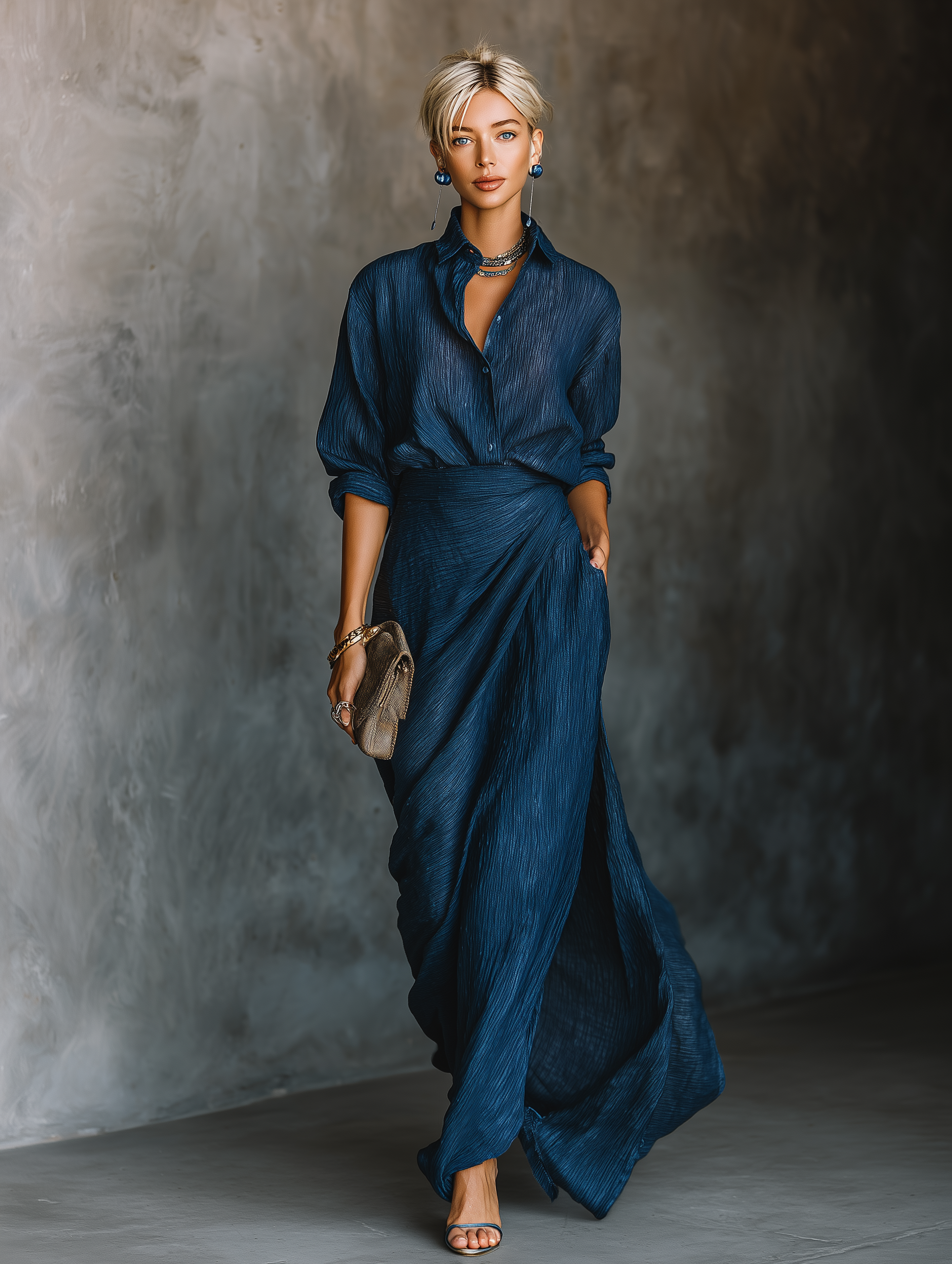 Ensemble Jupe Longue et Blouse Élégante en Coton et Lin Bleu Foncé