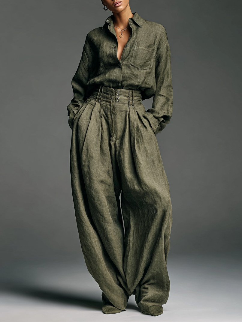 Ensemble de Deux Pièces pour Femmes en Coton et Lin avec Blouse à Manches Longues et Pantalon Large