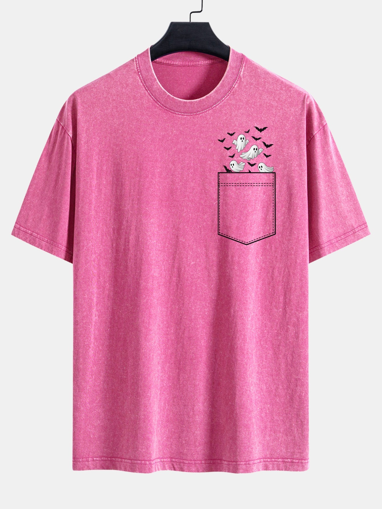T-shirt à manches tombantes usé avec impression de fantôme chauve-souris de poche