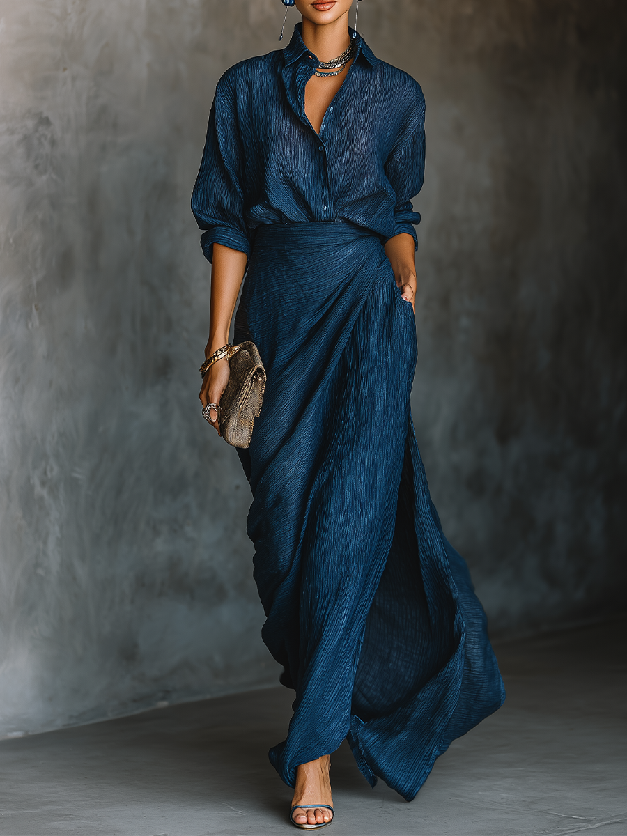 Ensemble Jupe Longue et Blouse Élégante en Coton et Lin Bleu Foncé