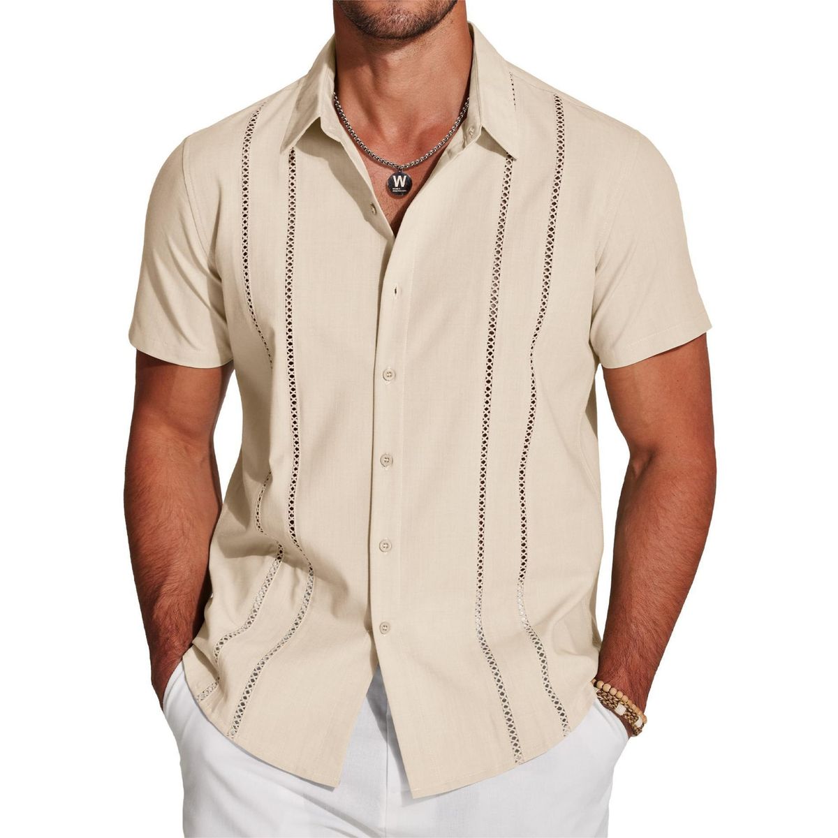 Chemise légère brodée à manches courtes pour hommes