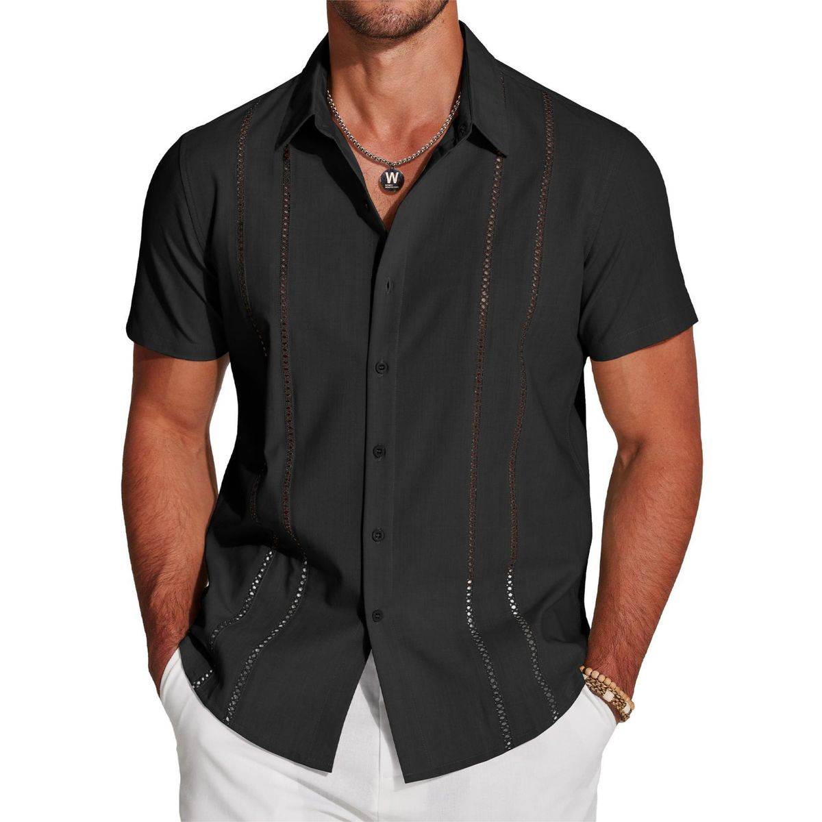 Chemise légère brodée à manches courtes pour hommes