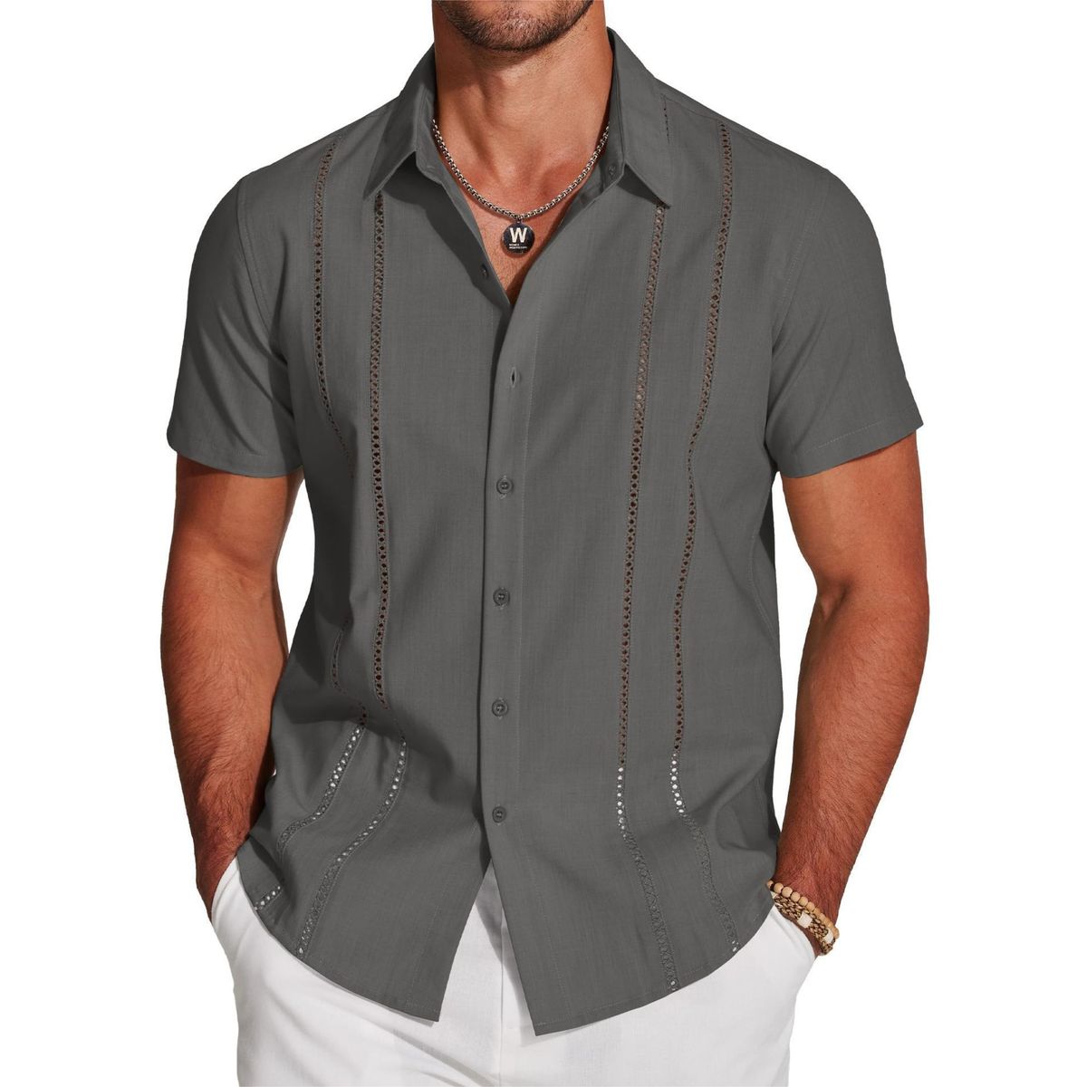 Chemise légère brodée à manches courtes pour hommes