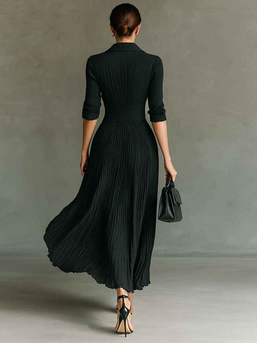 Robe Maxi Longue à Manches Longues et Col Revers avec Plis