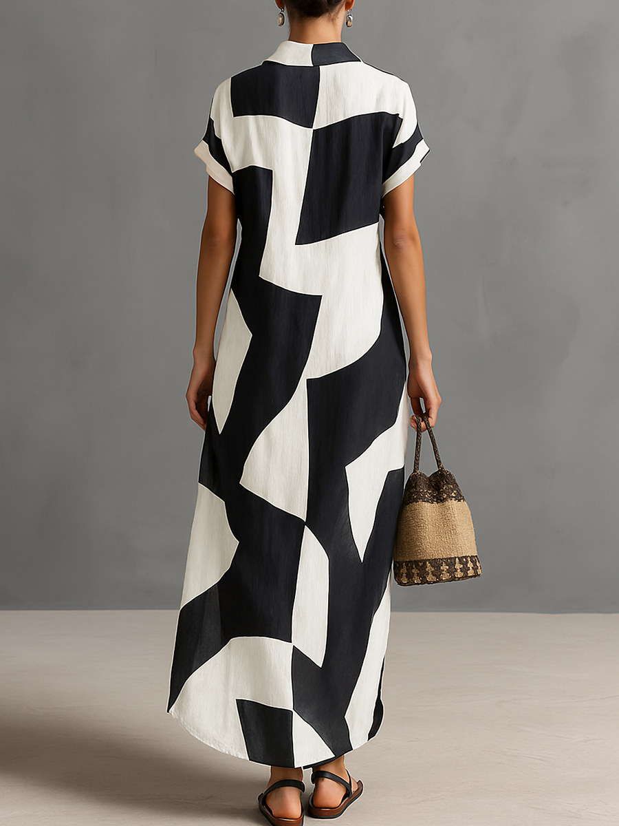 Robe Blouse Maxi en Chiffon pour Femmes avec Imprimé Géométrique Irrégulier et Col Revers, Manches Courtes, Bouton Unique