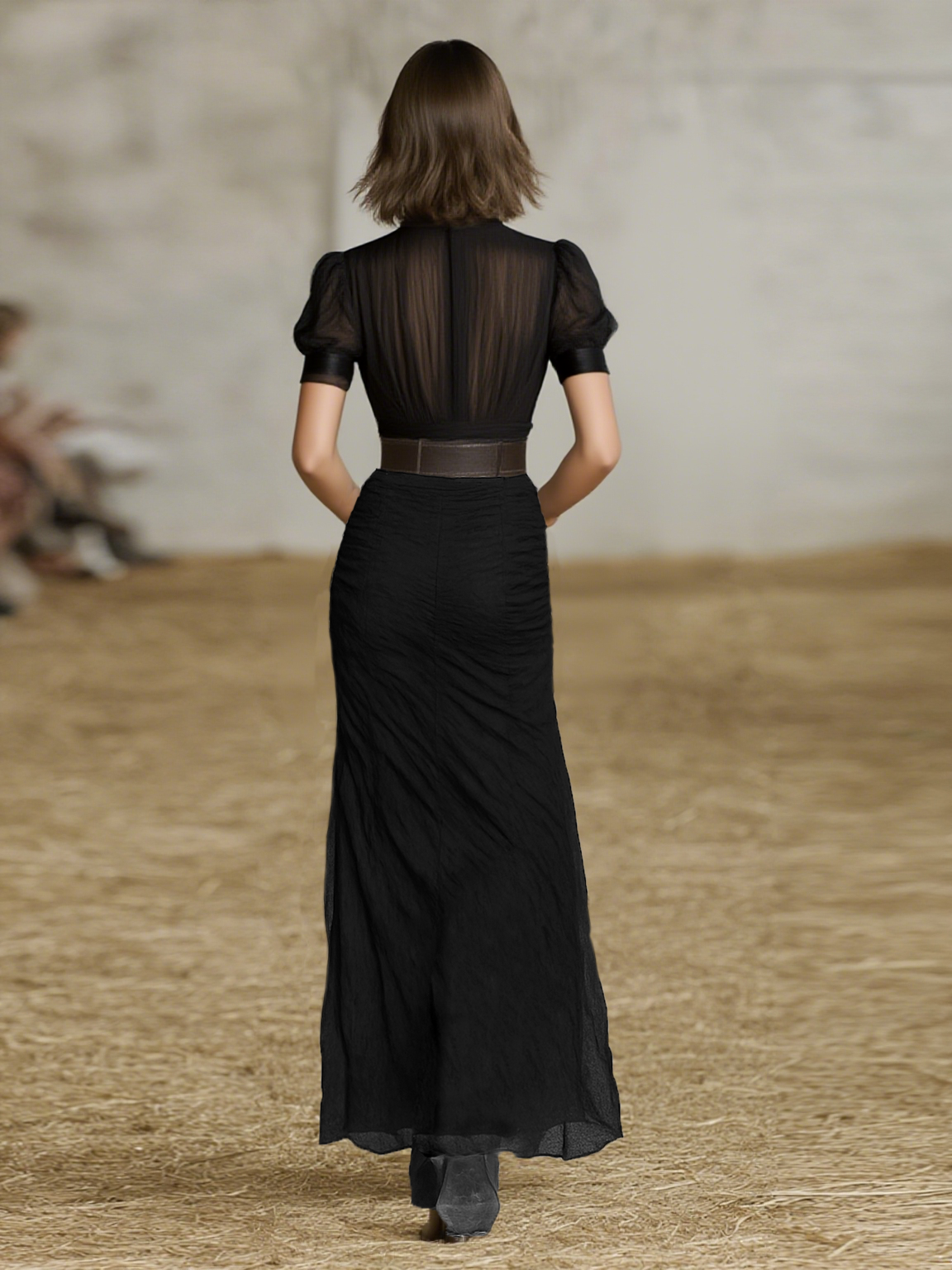 Robe Maxi en Chiffon Plissé avec Revers et Manches Courtes