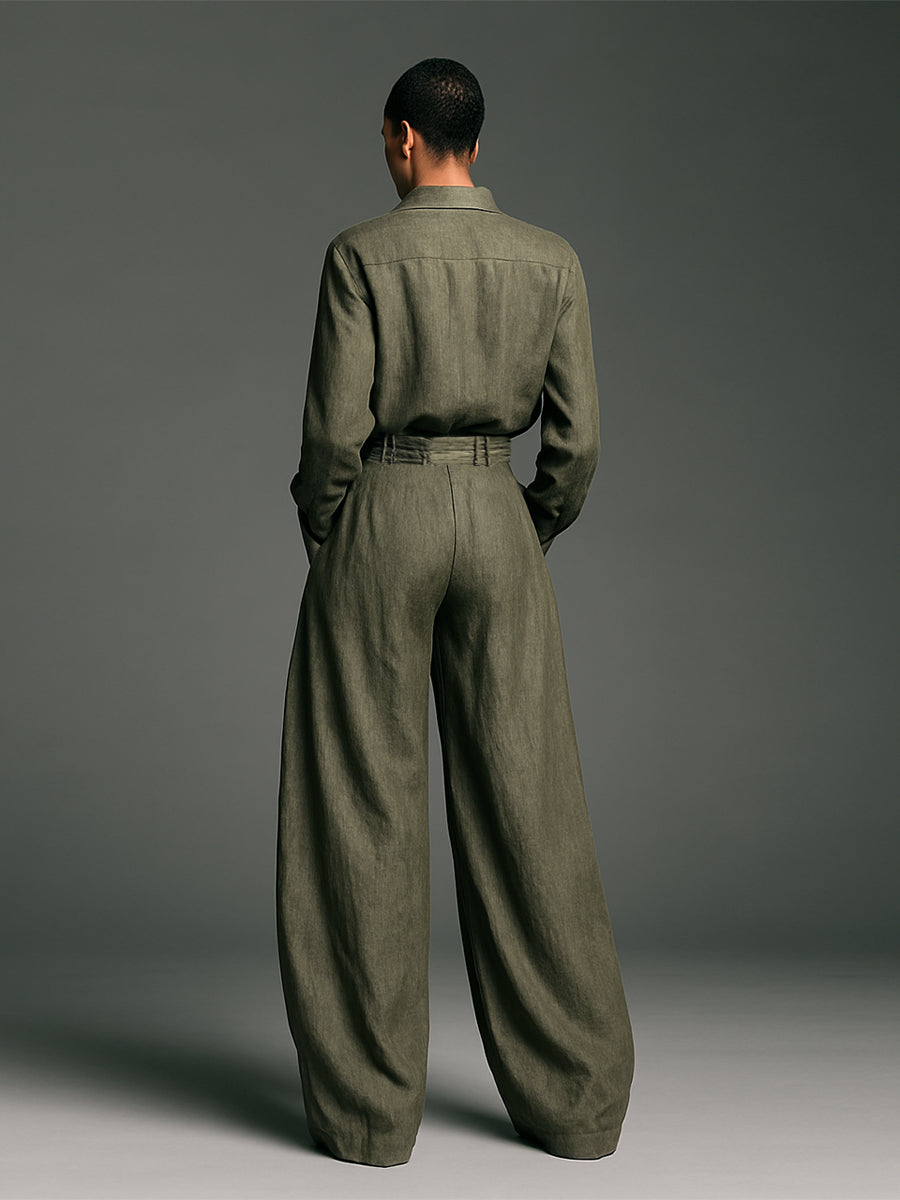Ensemble de Deux Pièces pour Femmes en Coton et Lin avec Blouse à Manches Longues et Pantalon Large