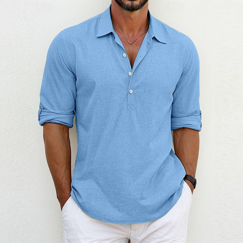 Chemise décontractée pour homme en lin mélangé respirant à boutons