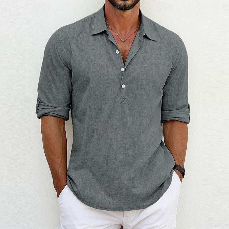 Chemise décontractée pour homme en lin mélangé respirant à boutons