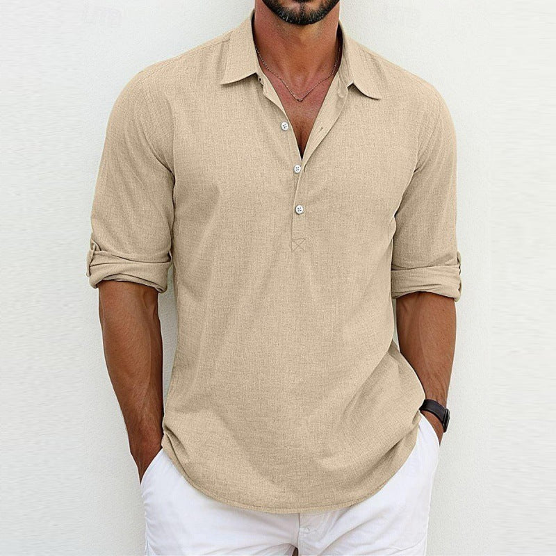 Chemise décontractée pour homme en lin mélangé respirant à boutons