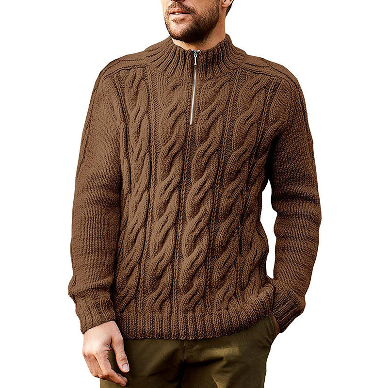 Pull à col zippé mi-haut en tricot torsadé pour hommes