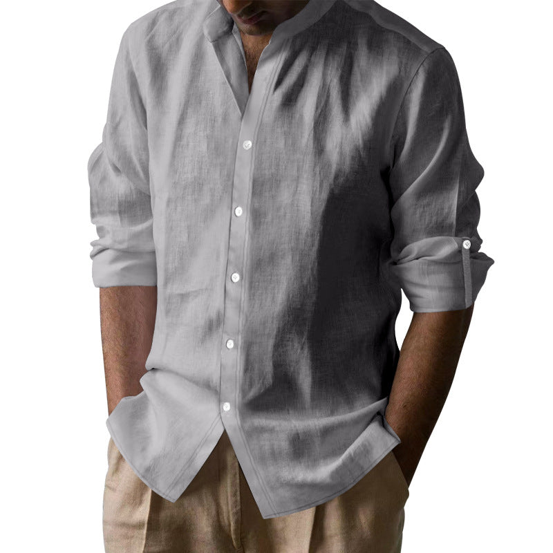 Chemise à col bandé en mélange de lin pour hommes à manches longues