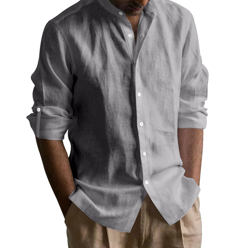 Chemise à col bandé en mélange de lin pour hommes à manches longues