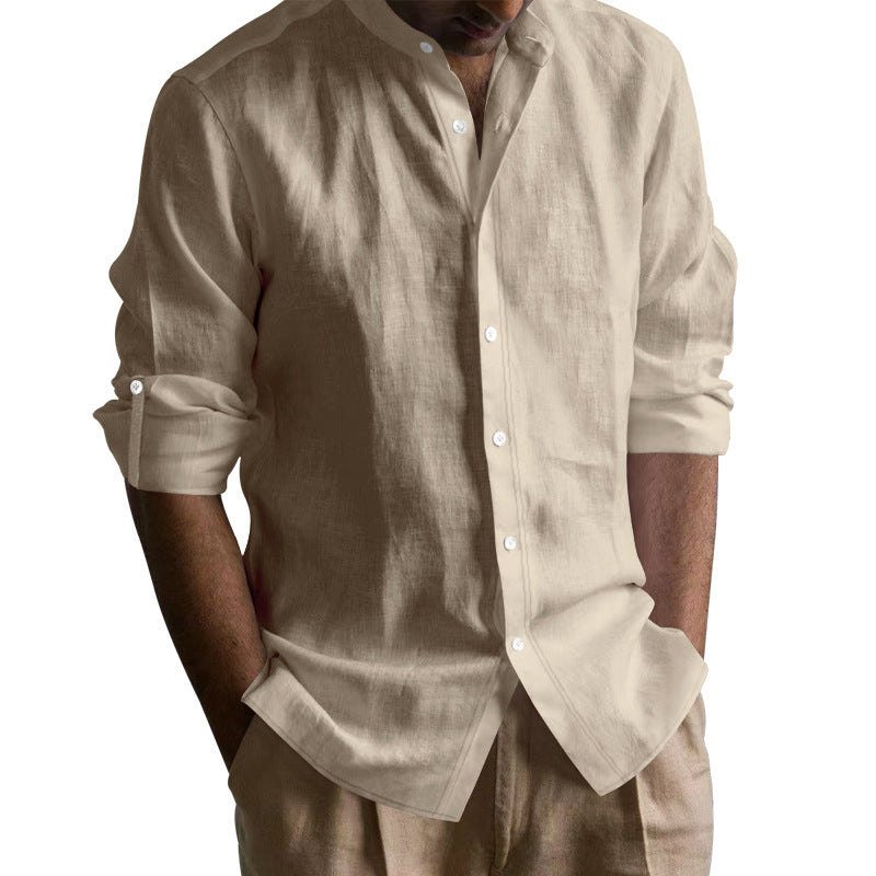 Chemise à col bandé en mélange de lin pour hommes à manches longues