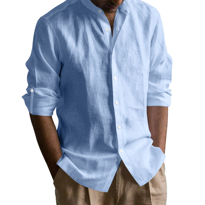 Chemise à col bandé en mélange de lin pour hommes à manches longues
