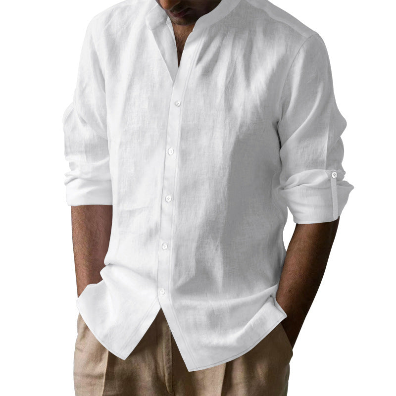 Chemise à col bandé en mélange de lin pour hommes à manches longues