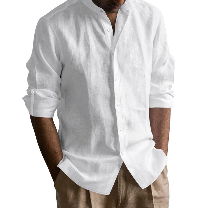 Chemise à col bandé en mélange de lin pour hommes à manches longues