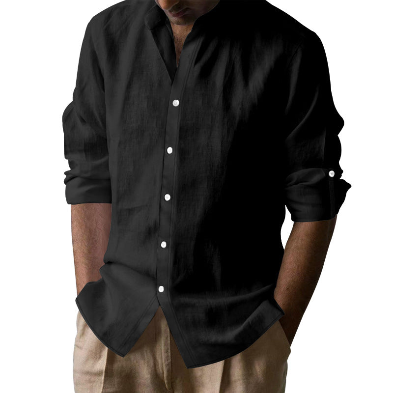 Chemise à col bandé en mélange de lin pour hommes à manches longues