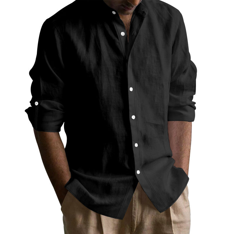 Chemise à col bandé en mélange de lin pour hommes à manches longues