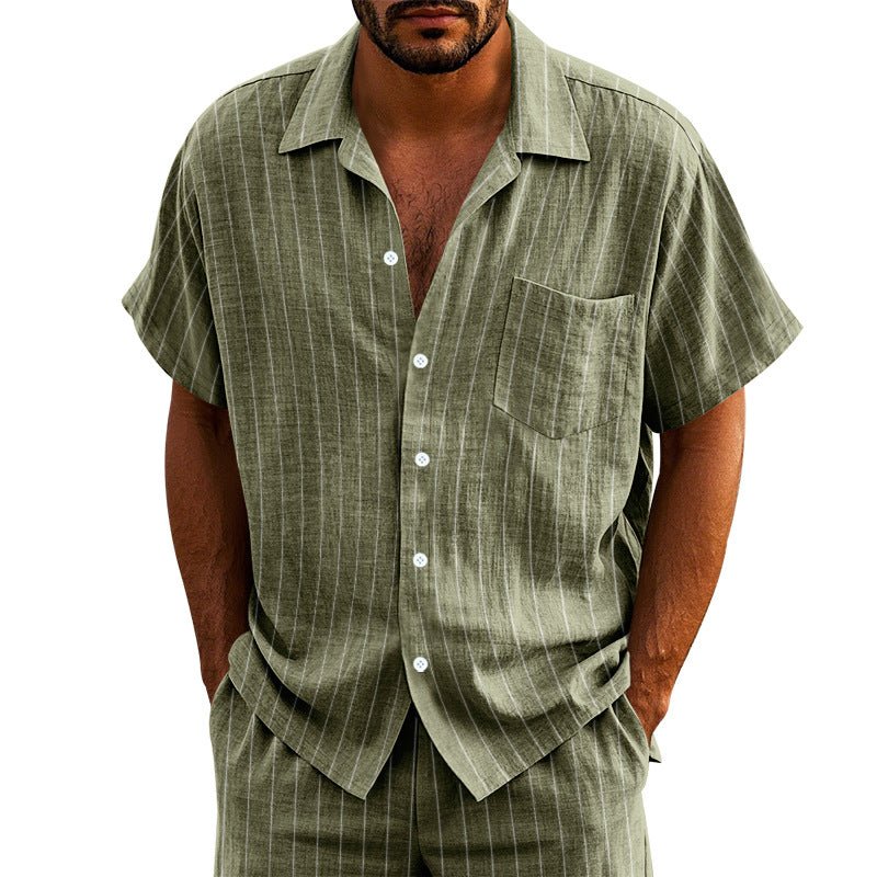Chemise à Manches Courtes Rayée en Lin pour Hommes