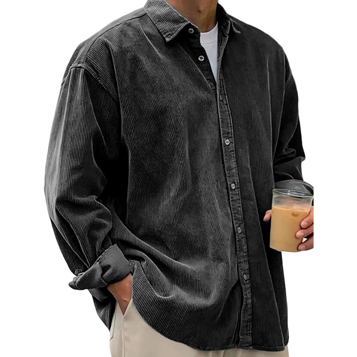 Chemise plissée à boutons en velours côtelé doux pour hommes