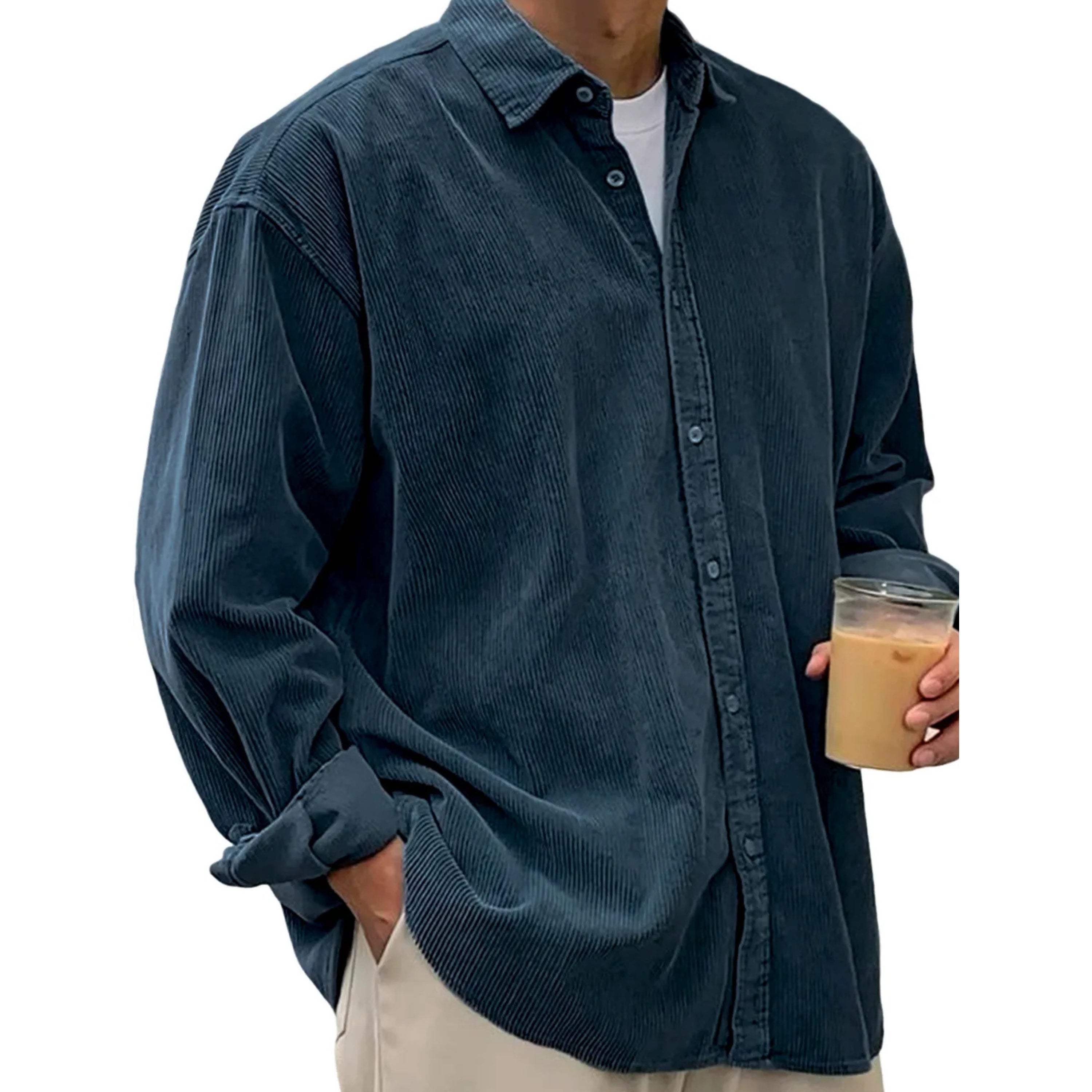 Chemise plissée à boutons en velours côtelé doux pour hommes