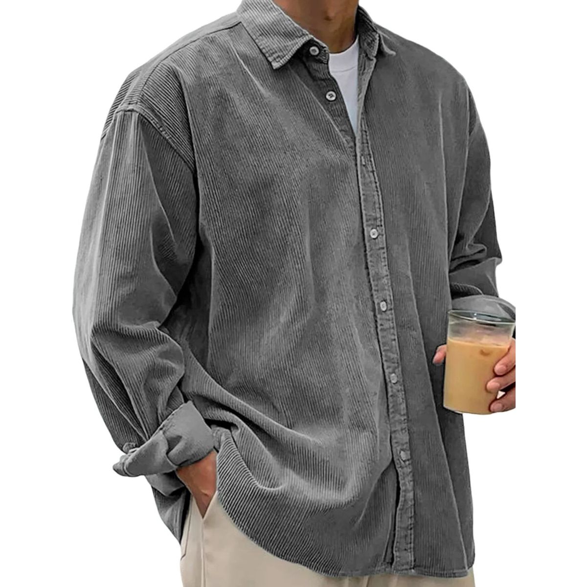 Chemise plissée à boutons en velours côtelé doux pour hommes