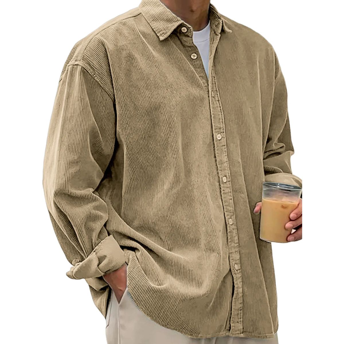 Chemise plissée à boutons en velours côtelé doux pour hommes