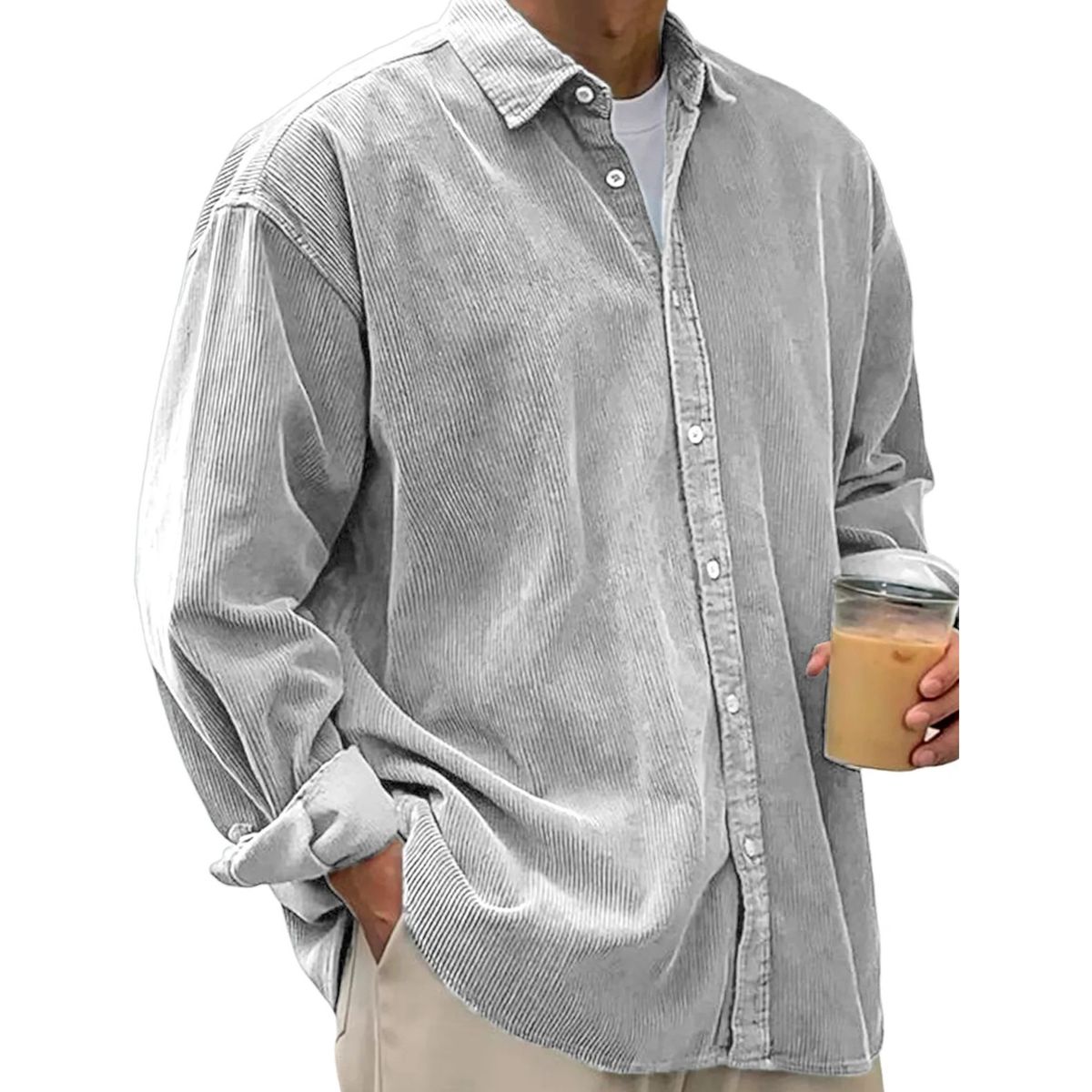 Chemise plissée à boutons en velours côtelé doux pour hommes