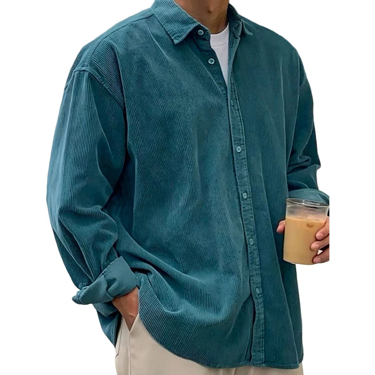 Chemise plissée à boutons en velours côtelé doux pour hommes
