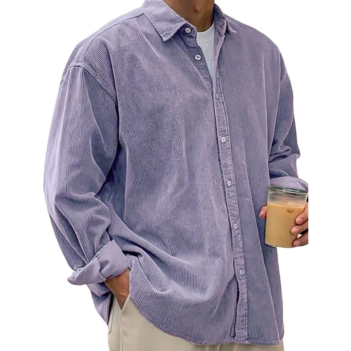 Chemise plissée à boutons en velours côtelé doux pour hommes