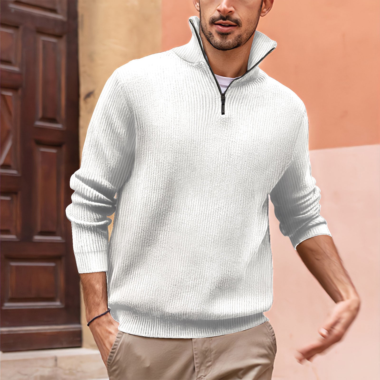 Pull zippé côtelé polyvalent pour hommes