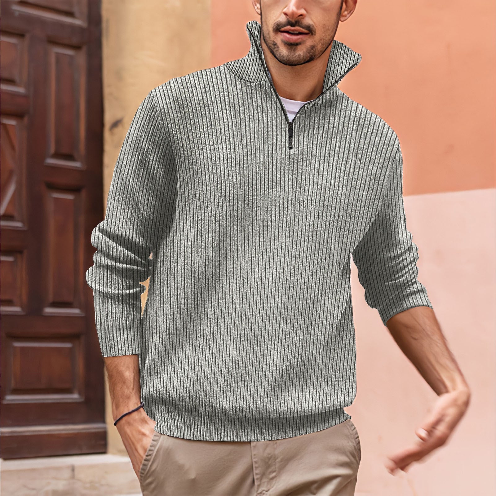 Pull zippé côtelé polyvalent pour hommes