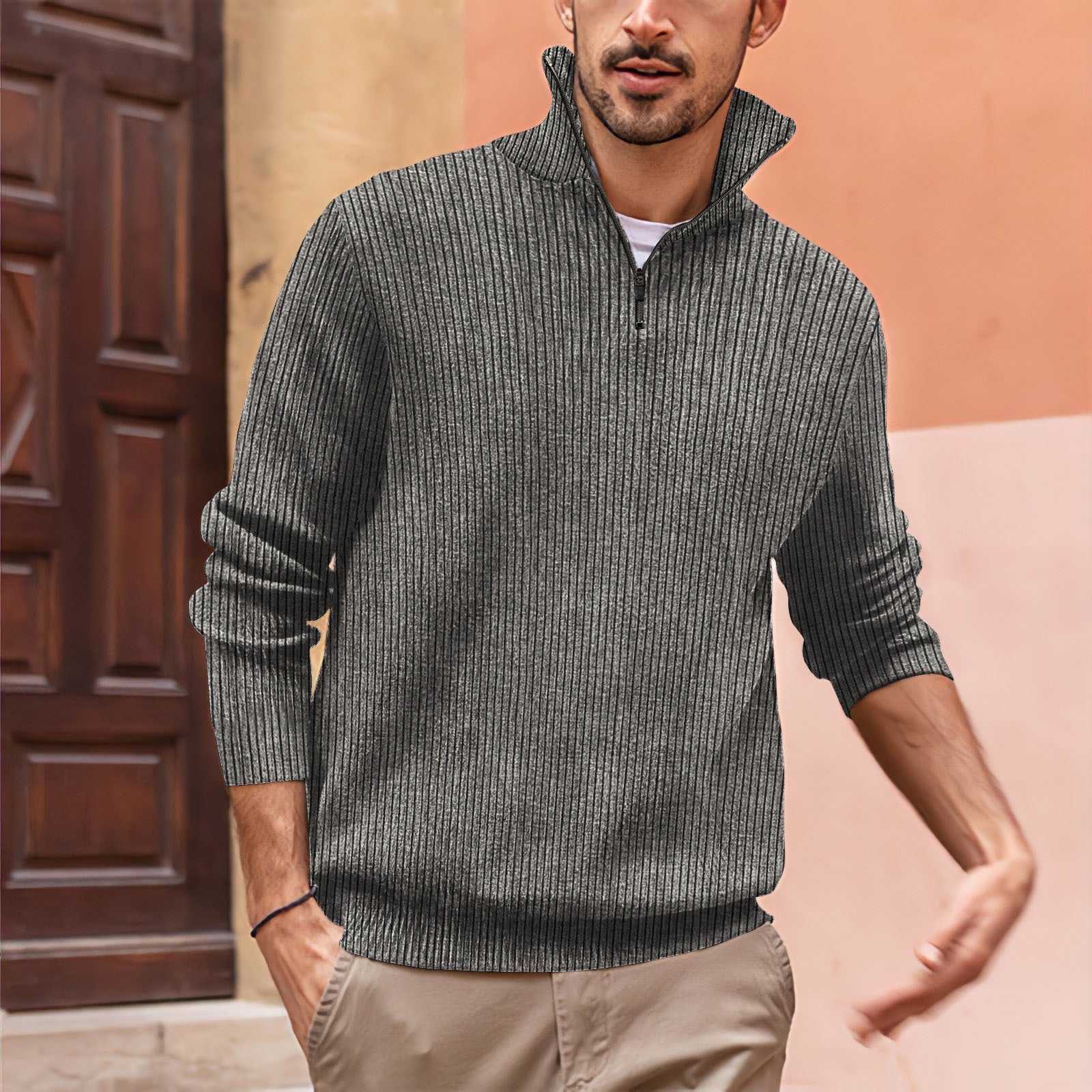 Pull zippé côtelé polyvalent pour hommes