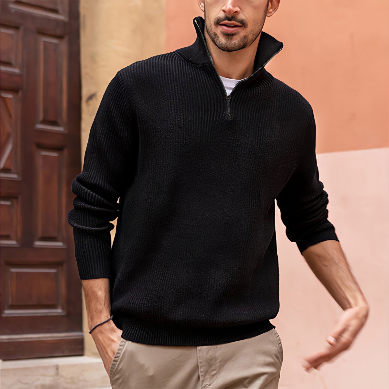 Pull zippé côtelé polyvalent pour hommes