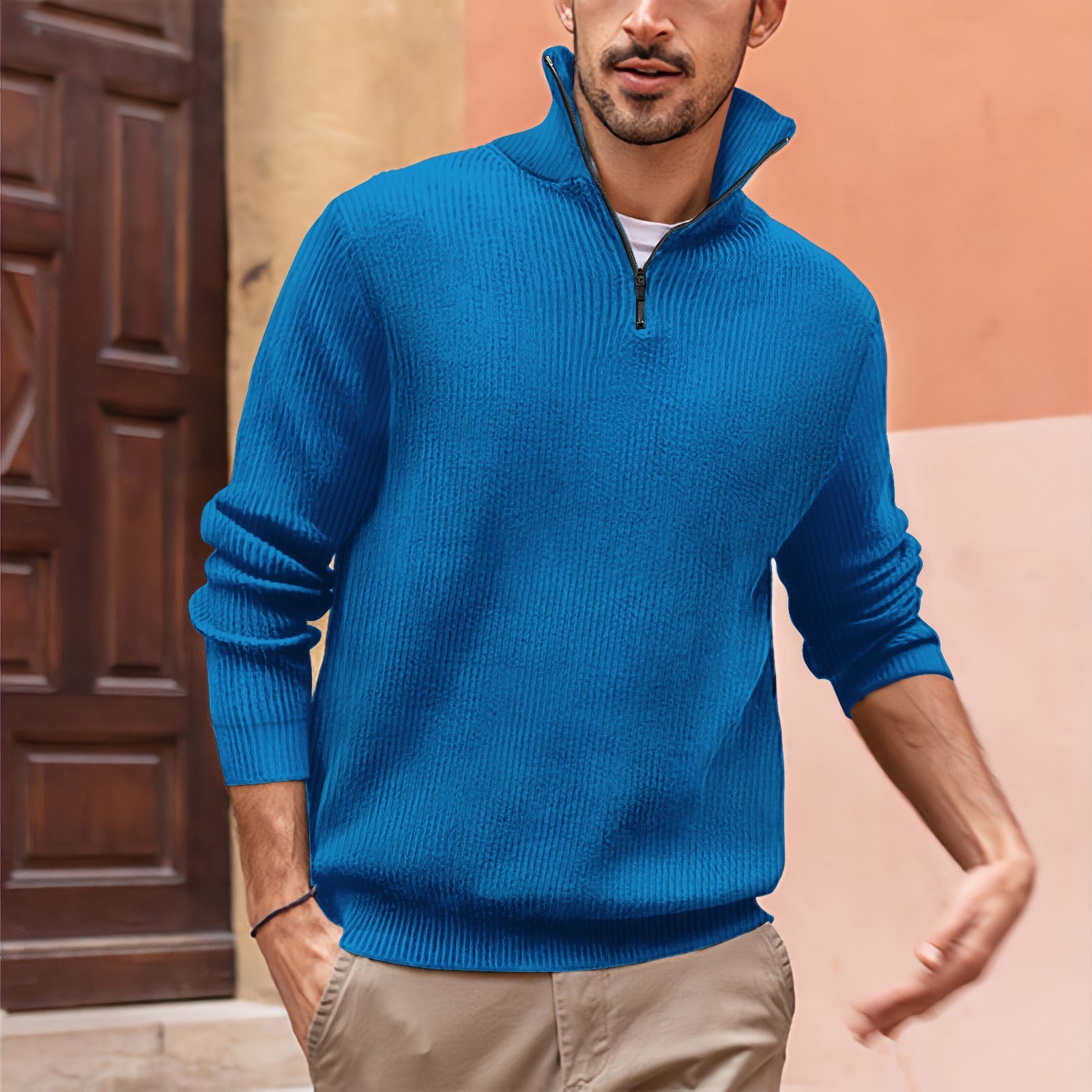 Pull zippé côtelé polyvalent pour hommes