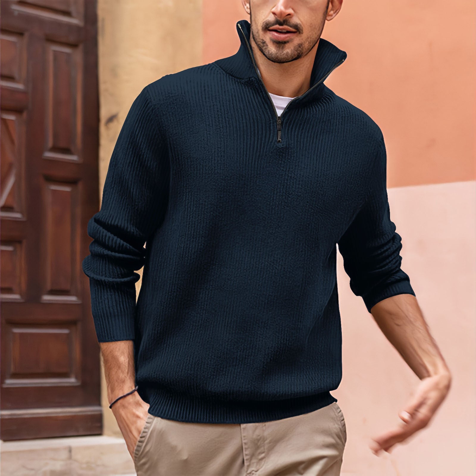 Pull zippé côtelé polyvalent pour hommes