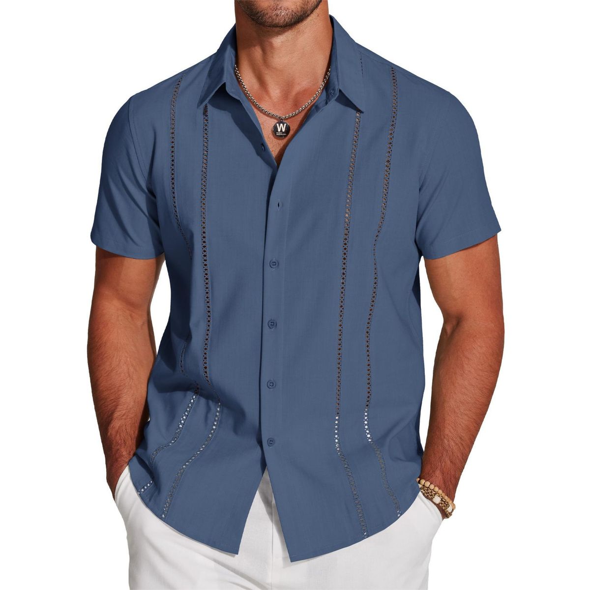 Chemise légère brodée à manches courtes pour hommes