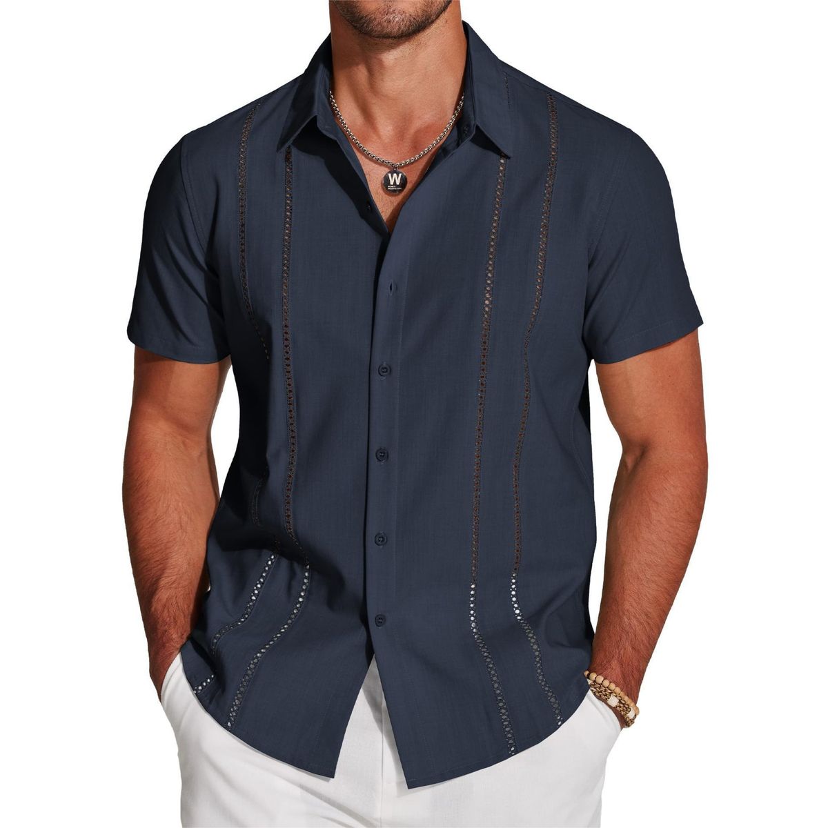 Chemise légère brodée à manches courtes pour hommes