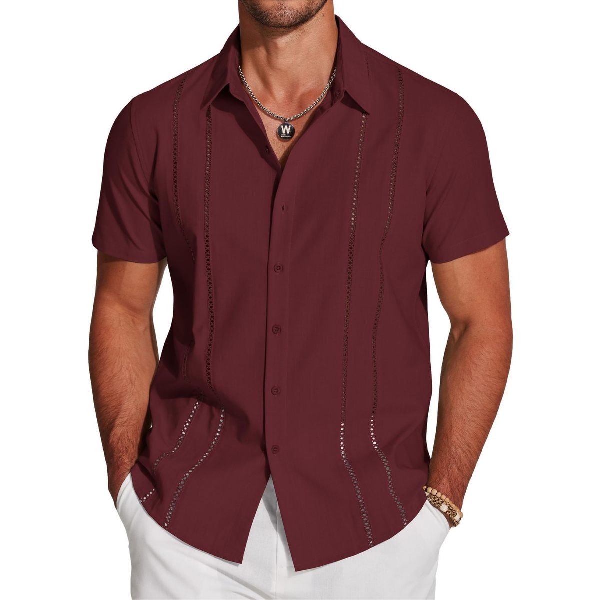 Chemise légère brodée à manches courtes pour hommes