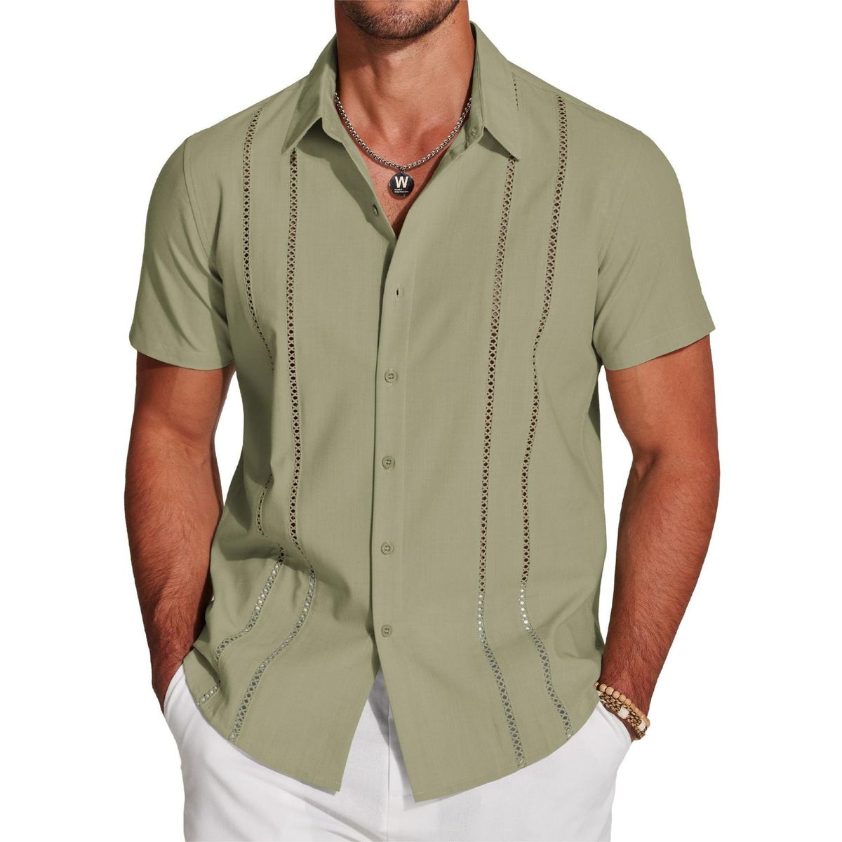 Chemise légère brodée à manches courtes pour hommes