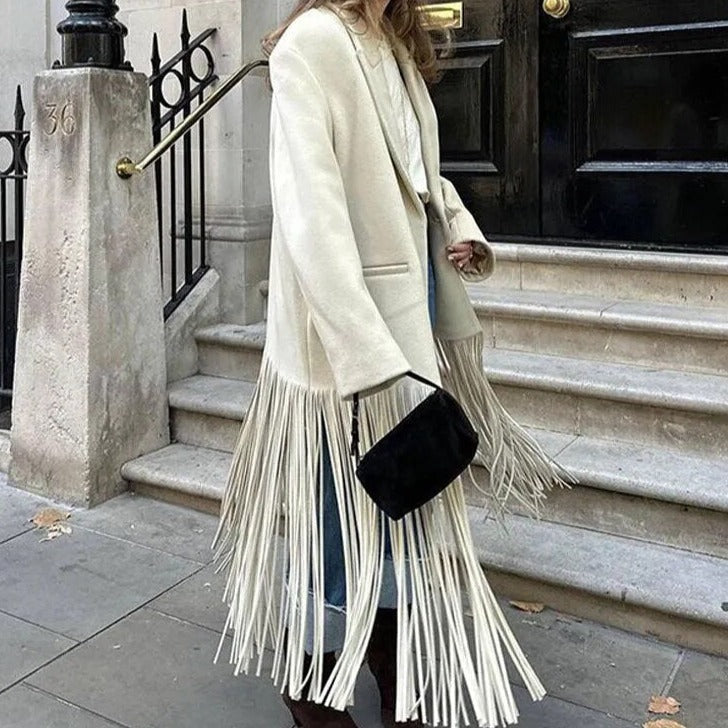 Manteau en Mélange de Laine avec Franges
