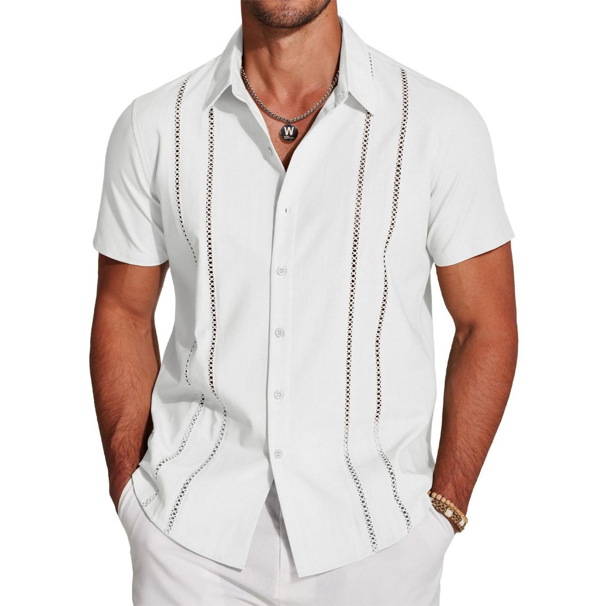 Chemise légère brodée à manches courtes pour hommes