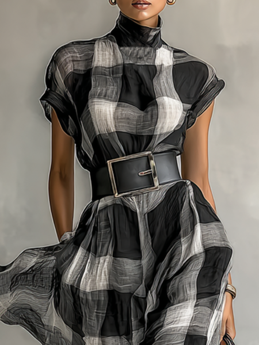 Robe Maxi en Chiffon à Carreaux avec Col Haut et Manches Courtes