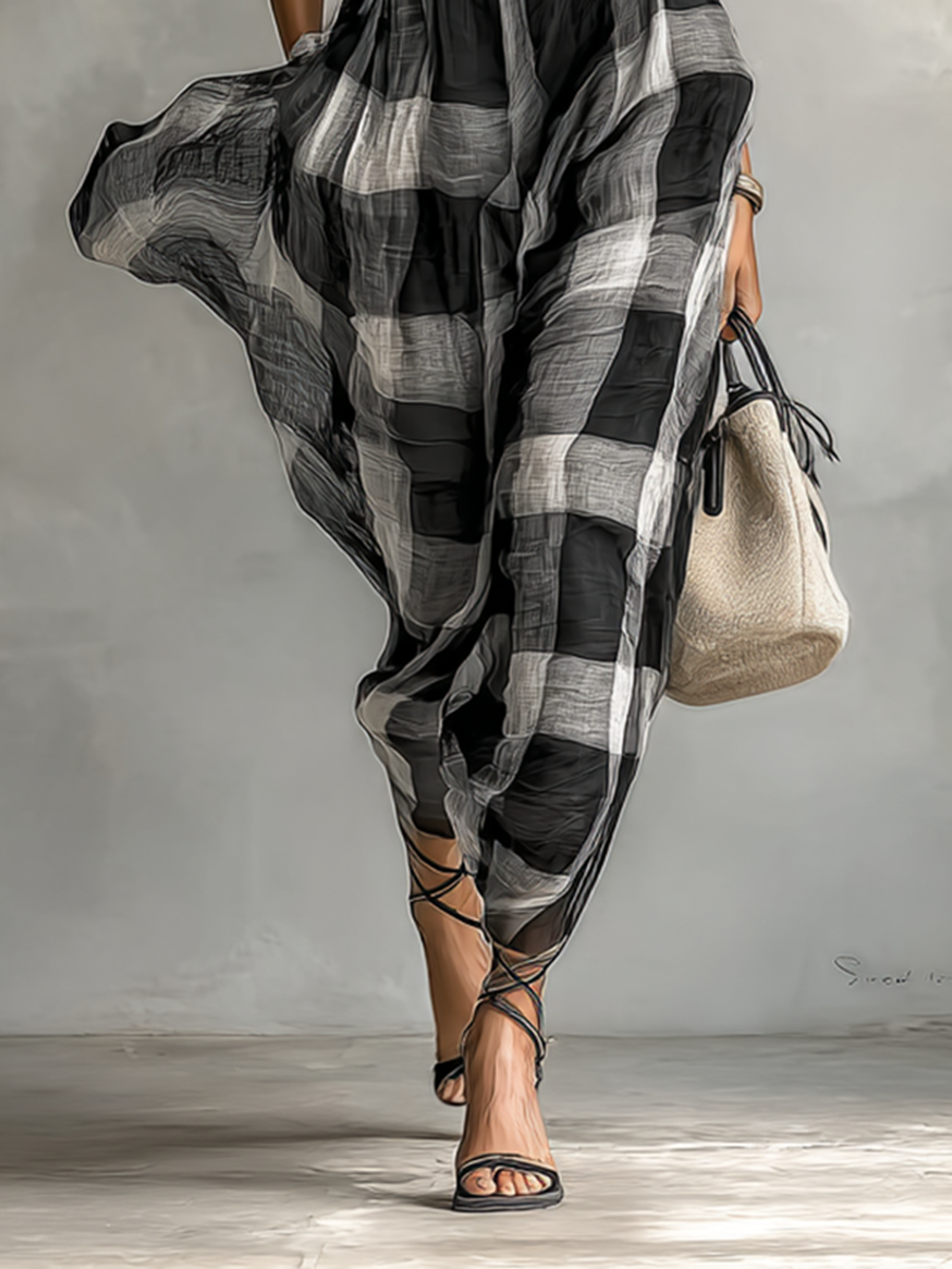 Robe Maxi en Chiffon à Carreaux avec Col Haut et Manches Courtes