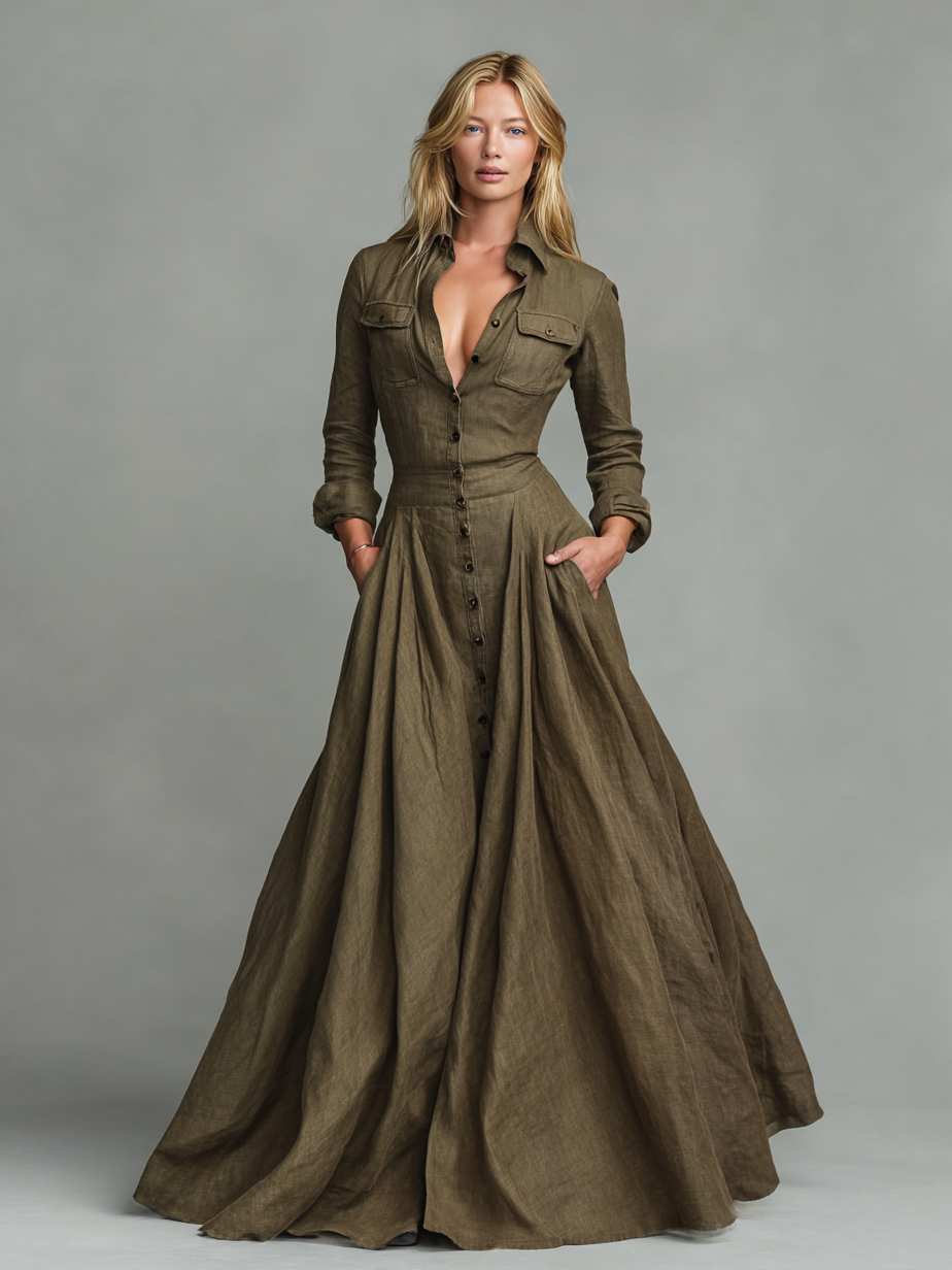 Robe Maxi Vintage en Coton et Lin pour Femmes avec Design de Chemise