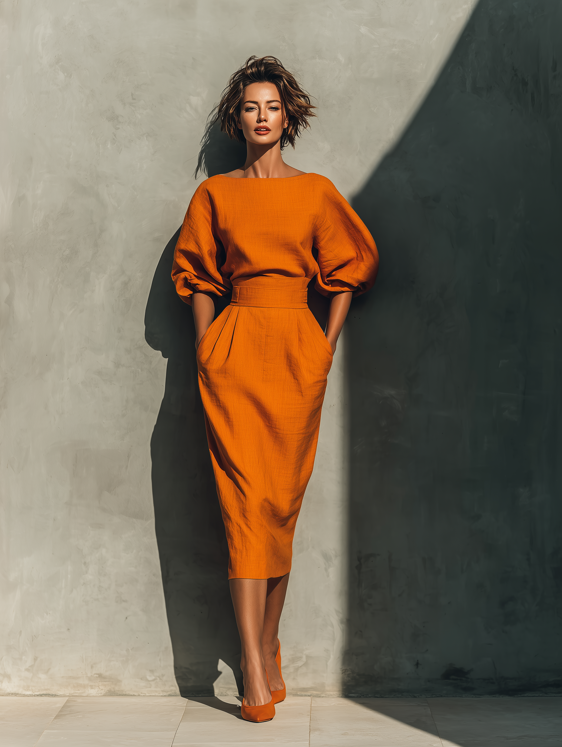 Jupe Midi Vibrante en Mélange de Coton-Lin Orange