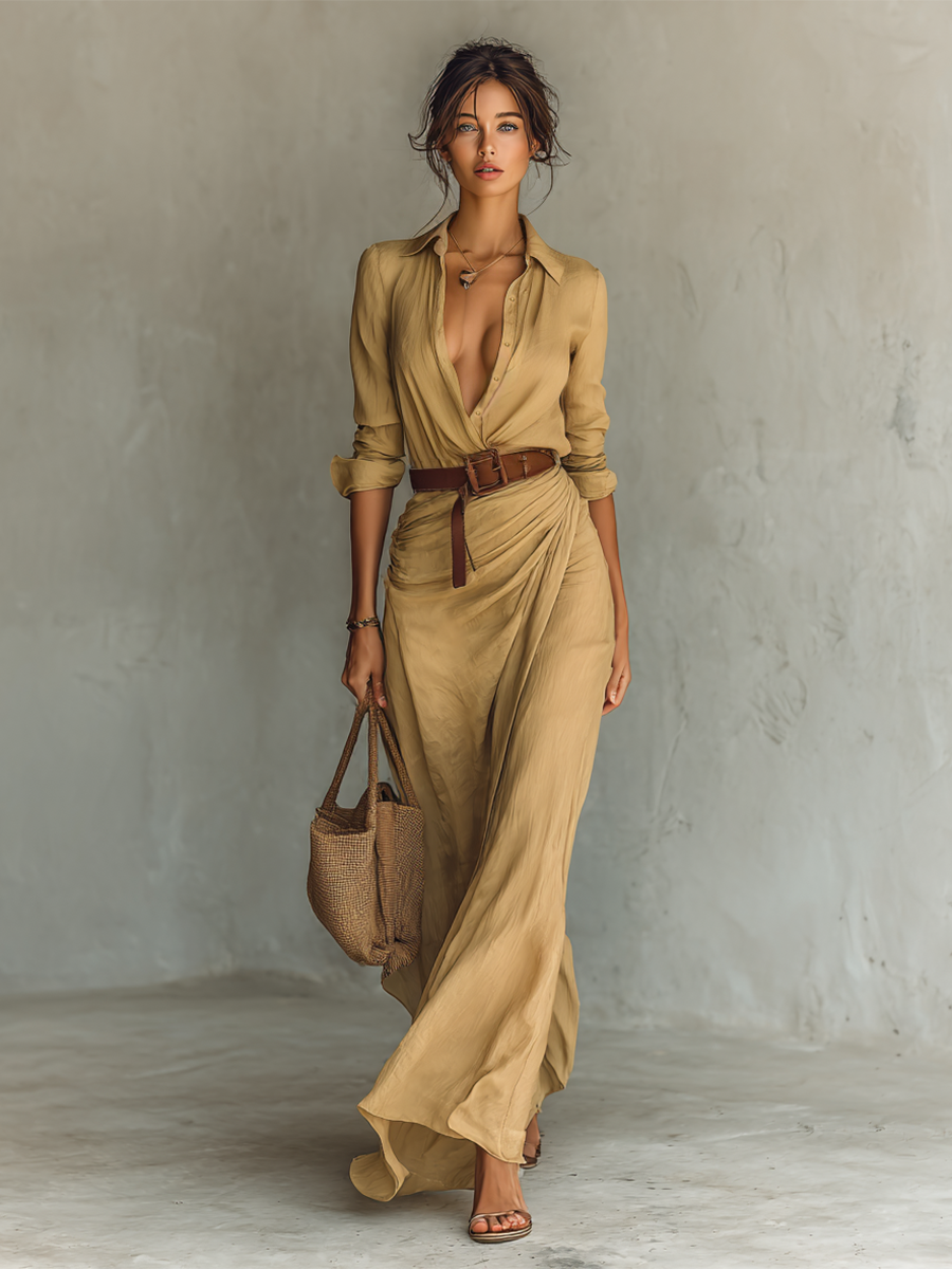 Robe Maxi Longue avec Col Revers Inclus Ceinture