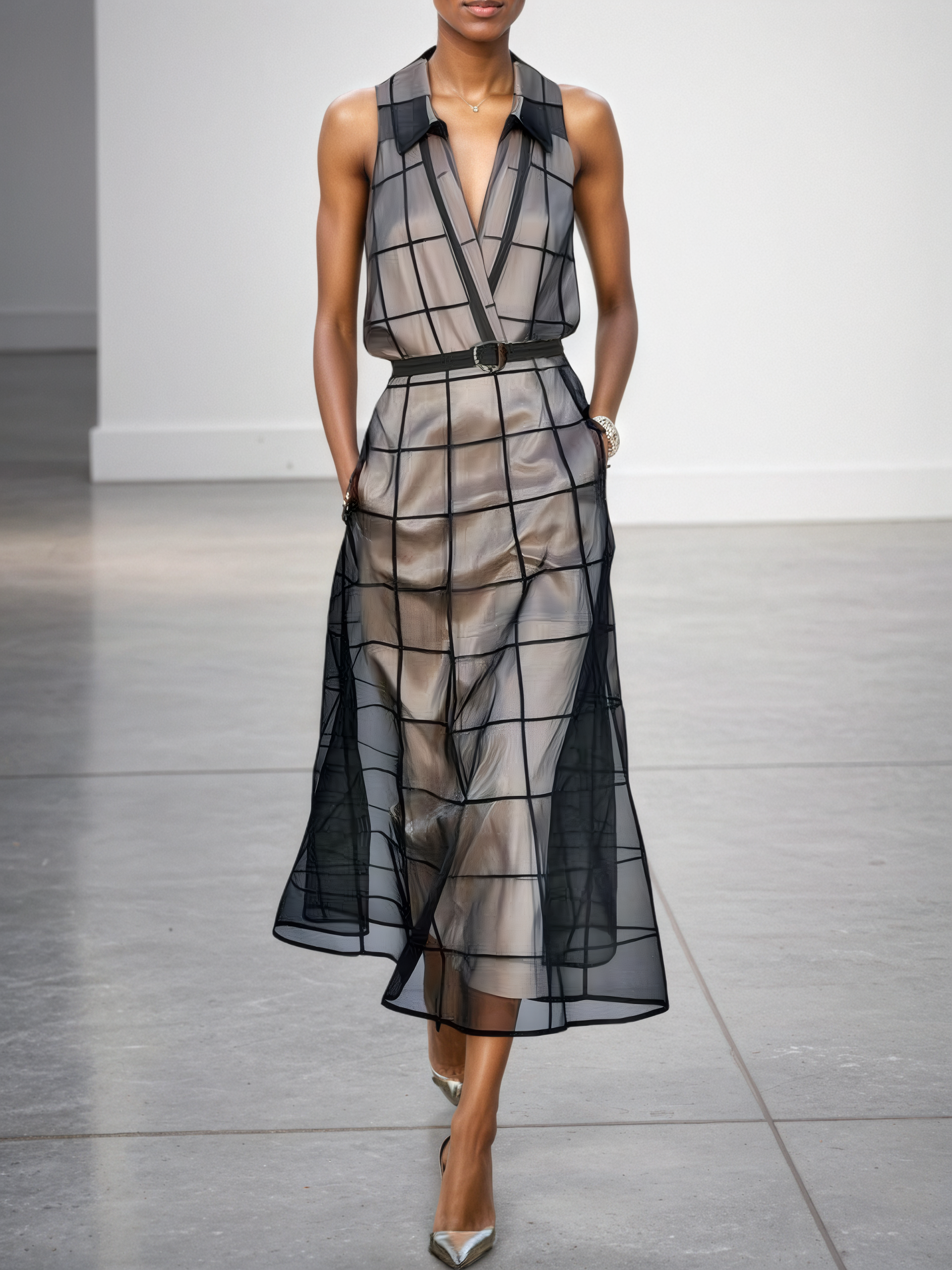 Robe Maxi Sans Manches en Tulle à Carreaux avec Col et Ceinture