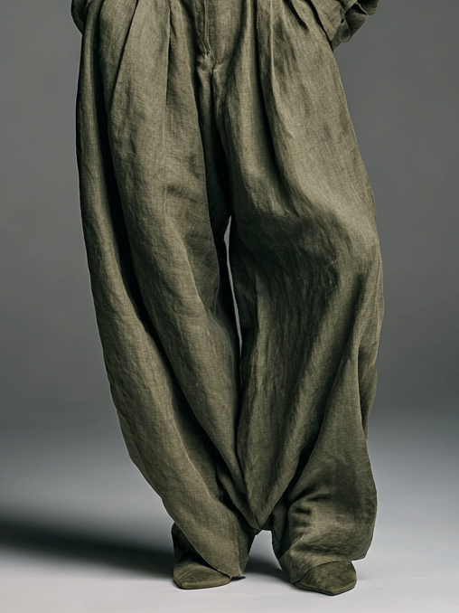 Ensemble de Deux Pièces pour Femmes en Coton et Lin avec Blouse à Manches Longues et Pantalon Large